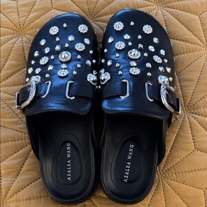 Azalea Wang Black Embellished Leather Mule with Buckle Detail